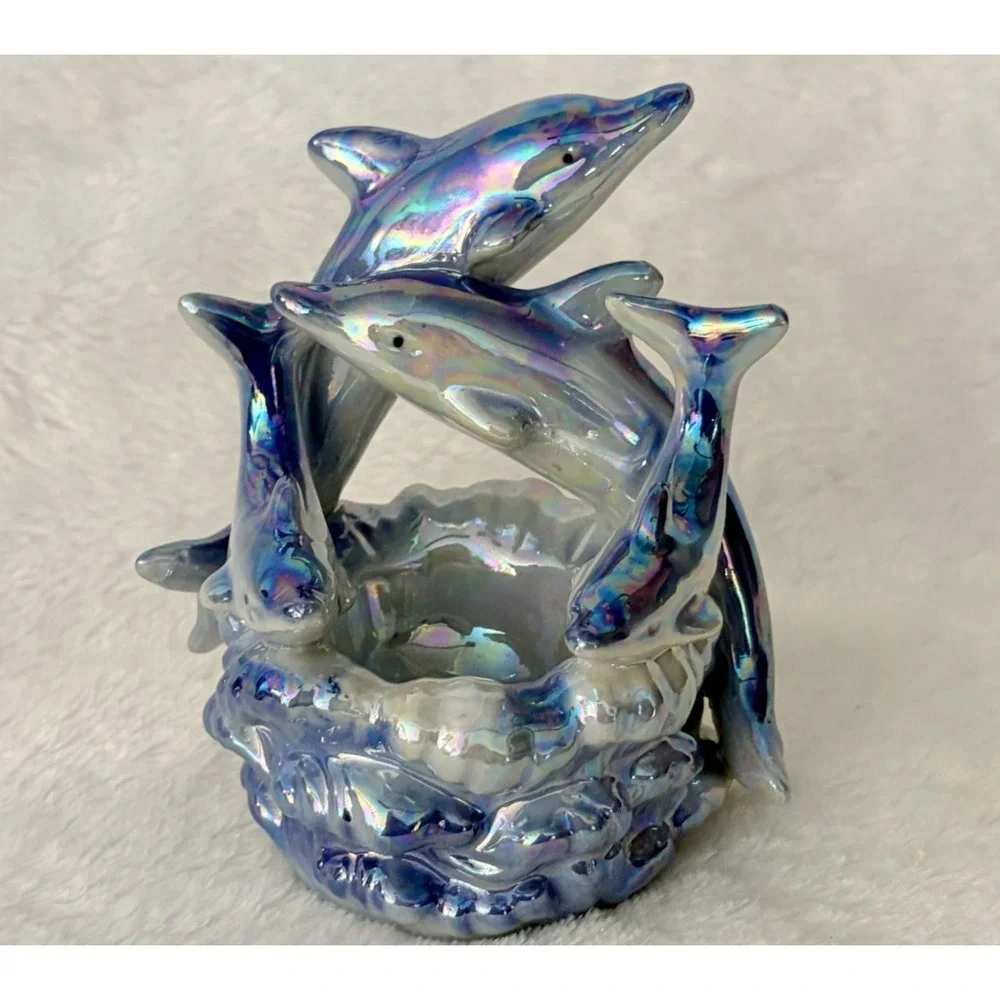 Iridescent Blue Ceramic Dolphin Family Statue Nautical Beach House Decor Vintage